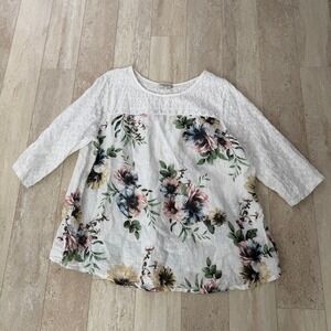 Terzo Millennio White Eyelet Floral Linen Cotton Blend Top Boho Cottage Size 1X